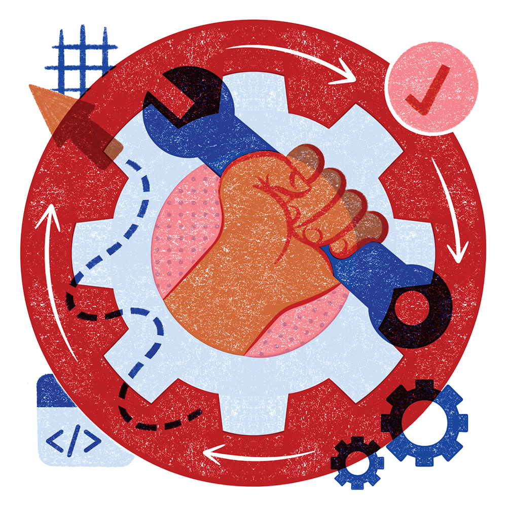 A stylized illustration shows a hand holding a wrench inside a gear.