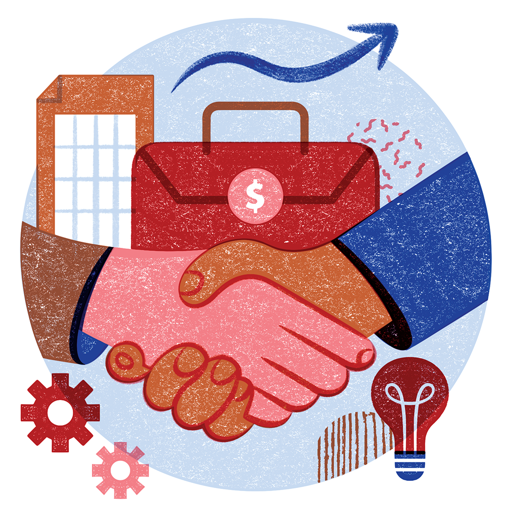 A stylized illustration shows two hands shaking in front of a briefcase.