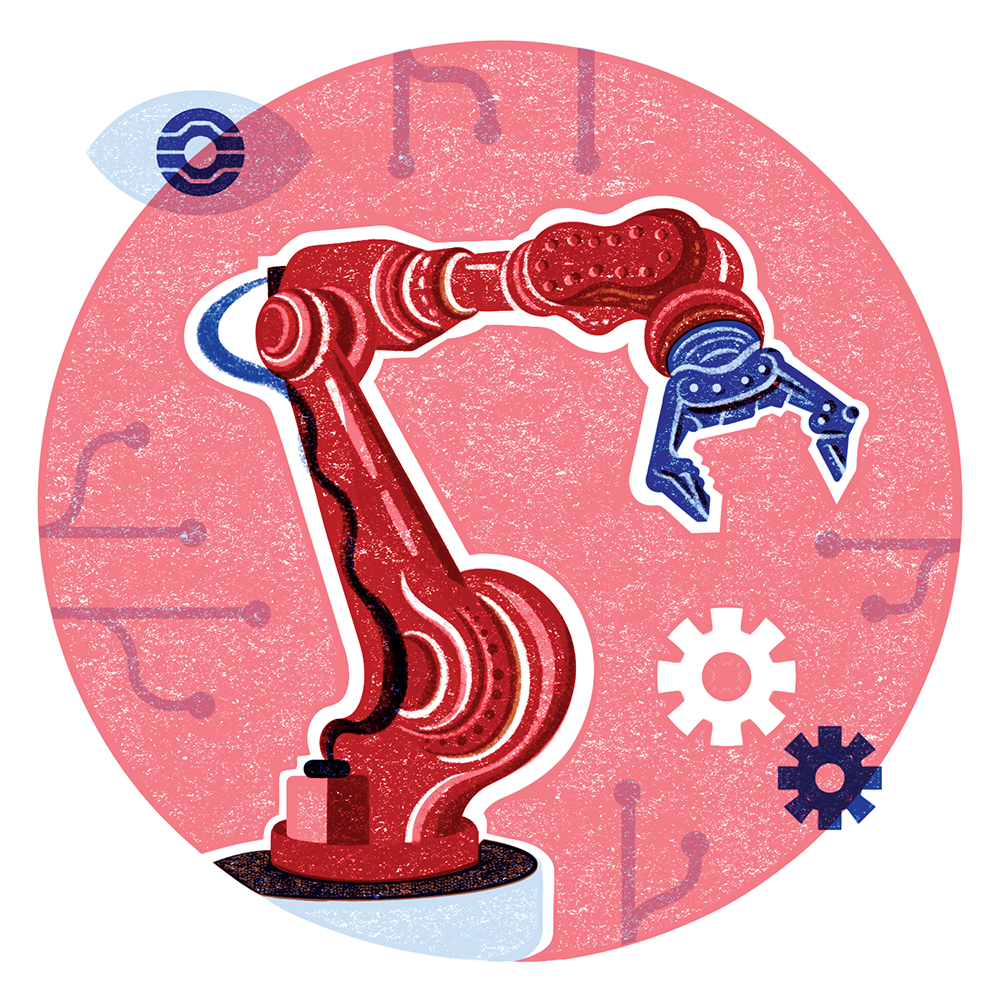 A stylized illustration shows a robotic arm, such as might be found on a factory's assembly line.
