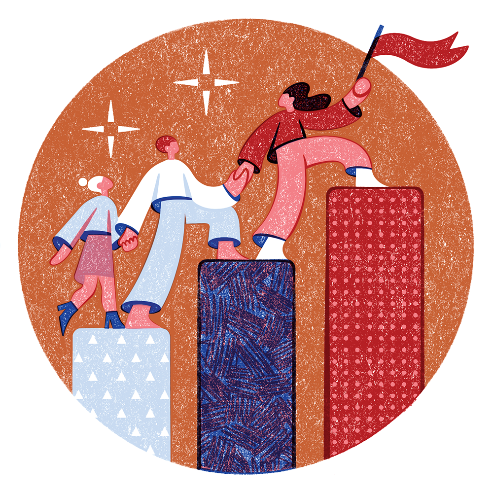A stylized illustration shows people climbing up a row of skyscrapers holding hands. The first one looks back to make sure the others are OK and also carries a flag.