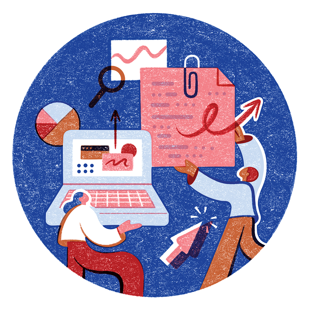 A stylized illustration shows people holding business items--a computer, a report, a pie chart