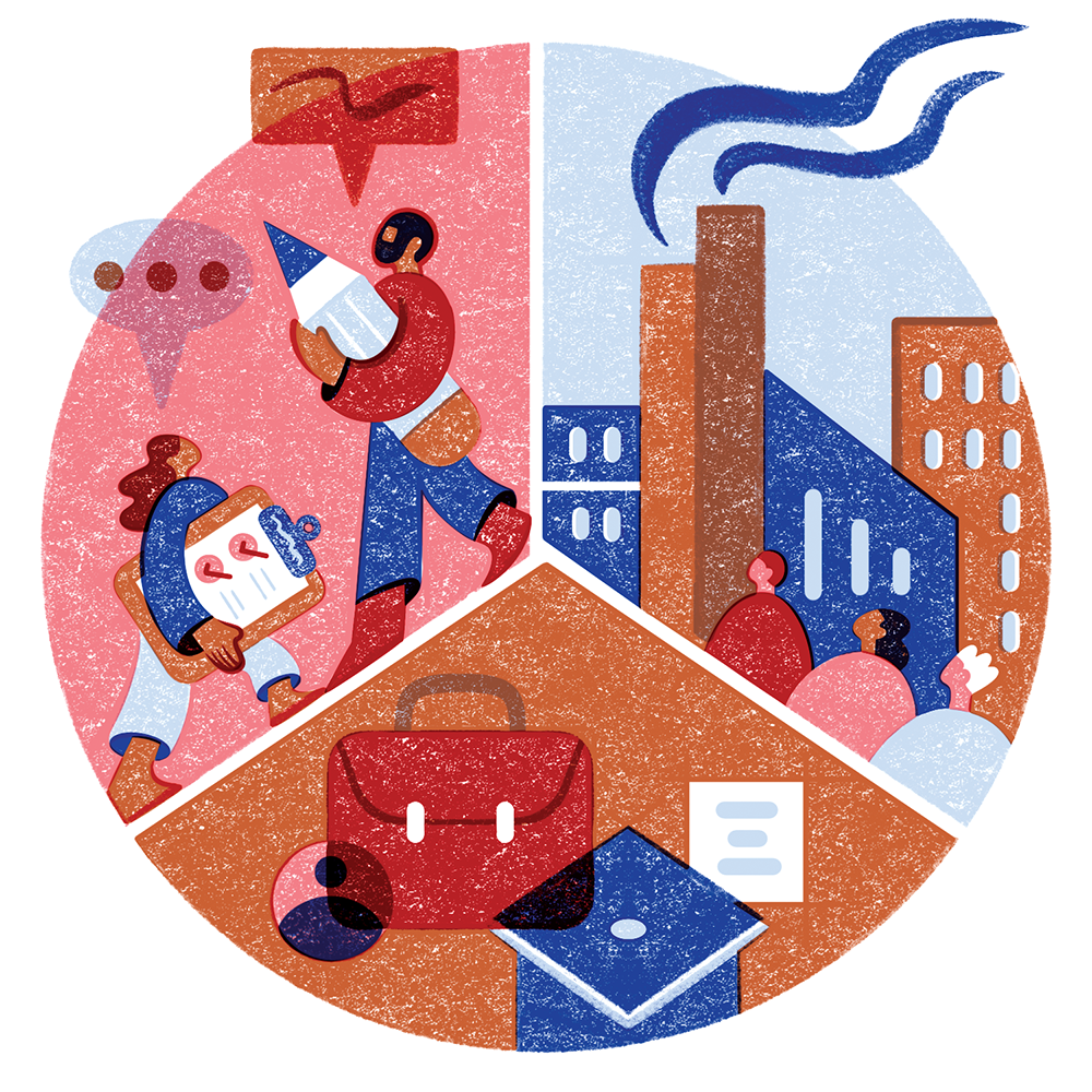A stylized illustration is a circle split into three parts. One scene shows people looking up at a factory; one shows a briefcase and graduate cap; and the third shows people carrying giant pencils and talking.