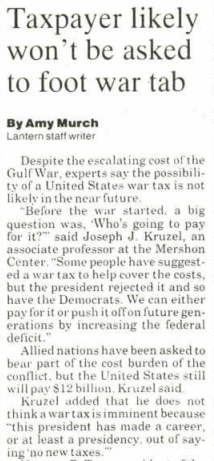 A small story from the Lantern on Feb. 19, 1991 has a headline that says "Taxpayer likley won't be asked to foot war tab"