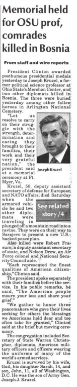 A Lantern story from Aug. 24, 1995, is headlines "memorial held for OSU prof, comrades killed in Bosnia"