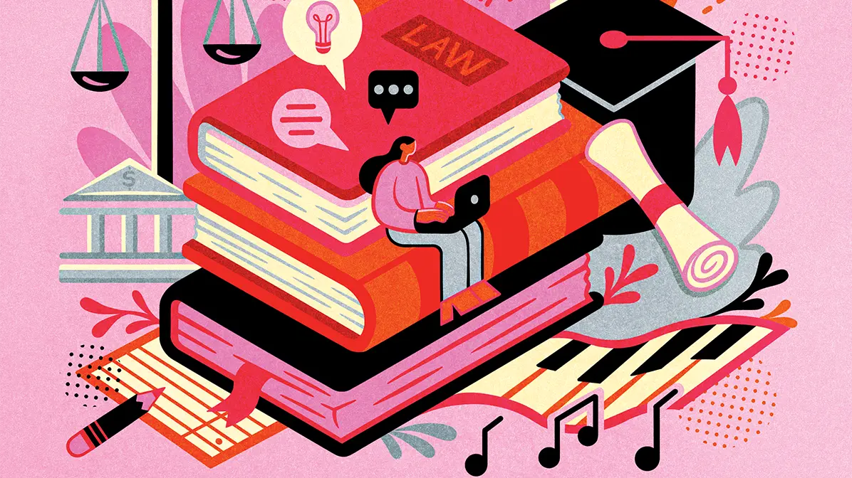 An illustration shows a small woman working on a laptop computer sitting on a stack of huge books, which could double as steps. Other parts of the collage-style illustration show a graduation cap, piano keys, scales of justice and a flying paper airplane.