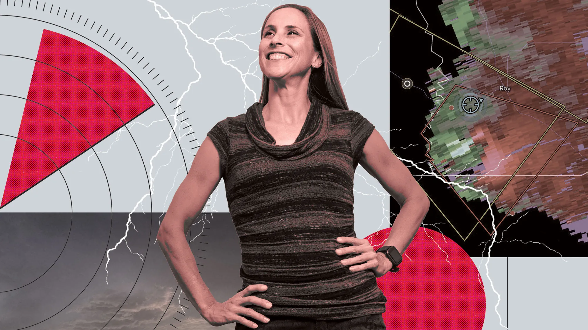 Jana Houser, a white woman with her straight hair pushed behind her shoulders, grins as she looks up and stands confidently with her hands on hips. In an illustrated background to her image are radar images and photos of storms, colored in shades of Ohio State’s scarlet and gray. 
