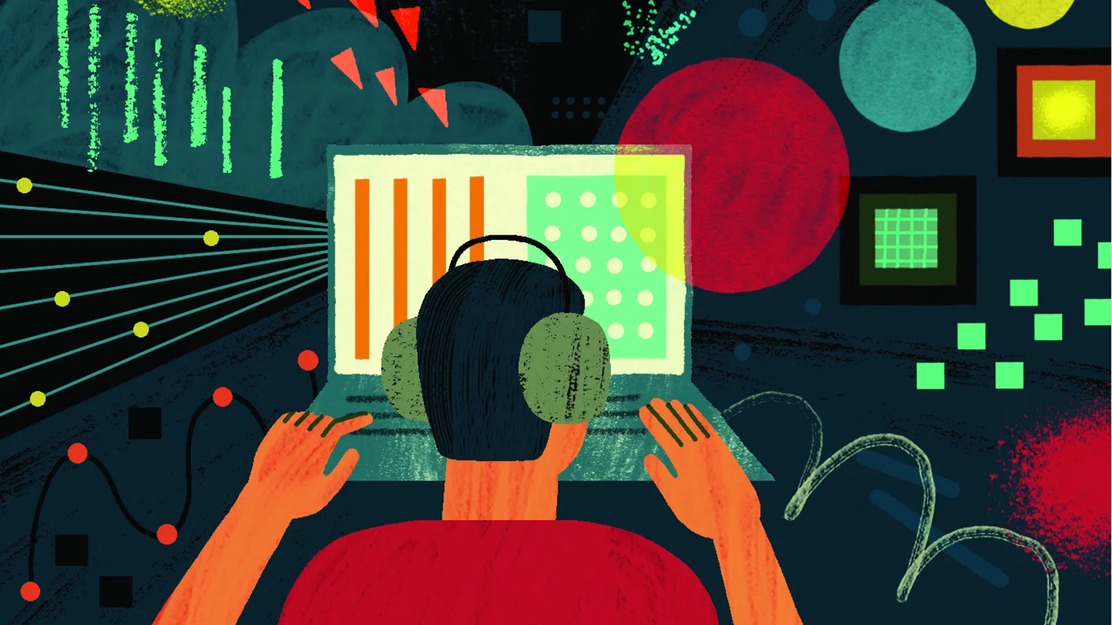 An illustration shows a man sitting at a computer. Geometric designs and results radiate outward.