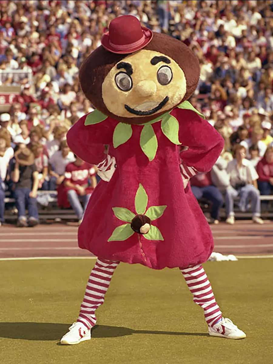 The only time Brutus took a female form was in the 1980s. Here, she wears a dress with a buckeye pattern and a mini bowler hat. She stands with hands on hips and looks mischievous. Her big, nut-shaped head is fuzzy.