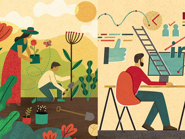colorful illustration of people working in an office setting, farming, and watching the stars