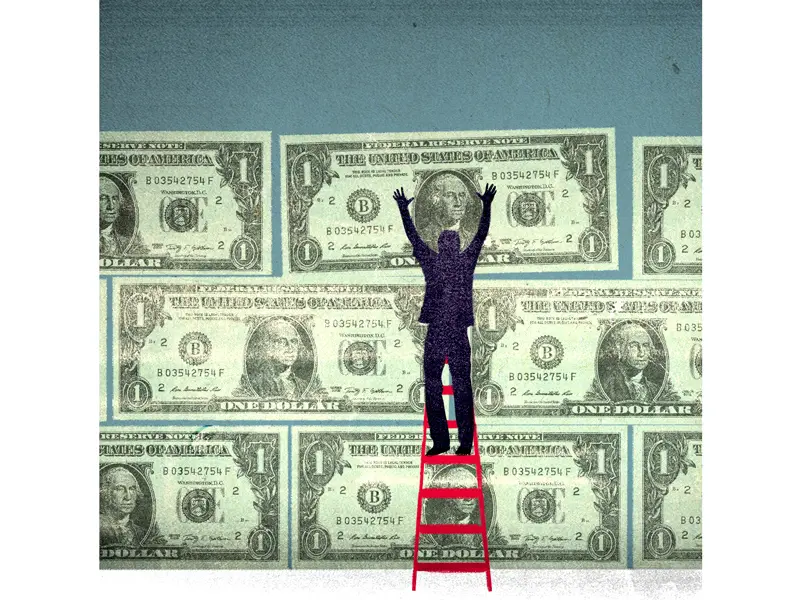 A man stands precariously on a ladder and appears to be tiling currency like wallpaper