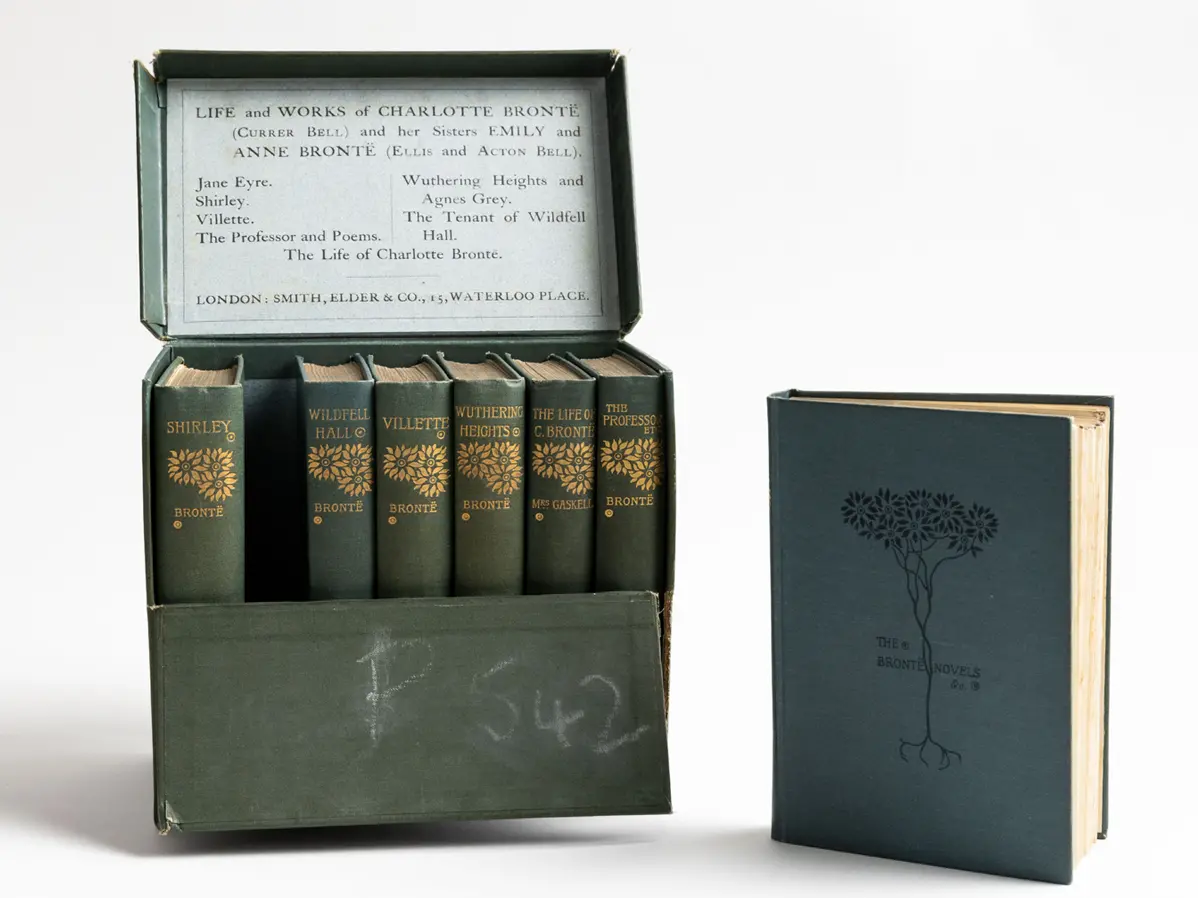 A dull green box, with P 542 lightly chalked on the front, has the hinged top open, showing 6 books of the same color and an empty space for one more. That book is sitting upright on its side, on the front is a simple drawing of flowers, their stems and roots. That book is titled “The Bronte Novels” and text inside the box’s open lid names the other books in the collection.