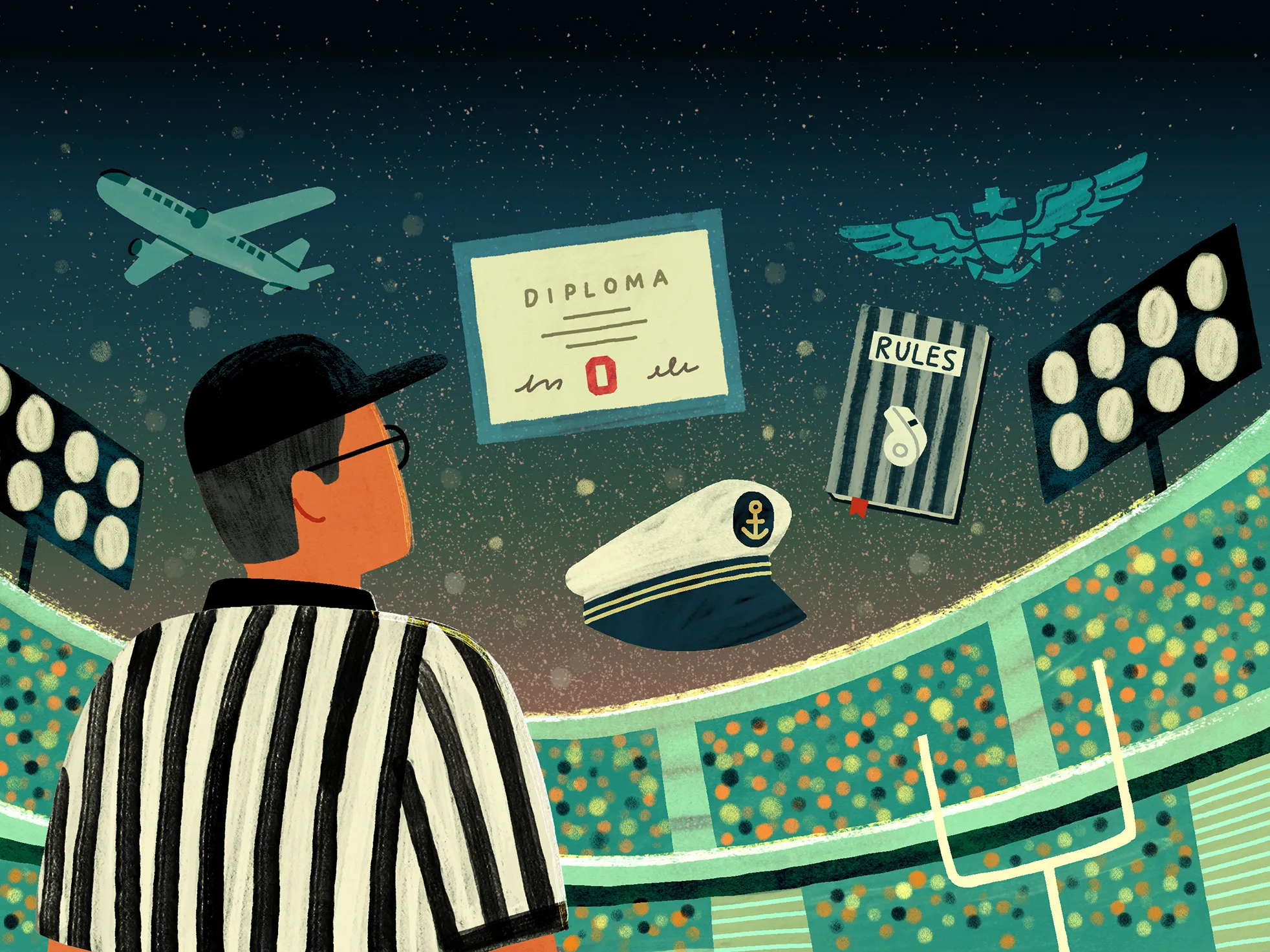 An illustration shows a man wearing a referee's uniform standing inside a football stadium. In the starry sky are an airplane, diploma, rule book and navy hat and insignia.