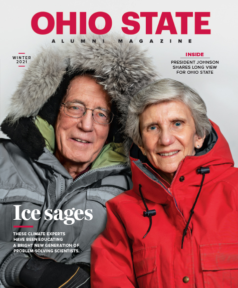 Older couple wearing gray and red jackets on the cover of the Ohio State Alumni Magazine