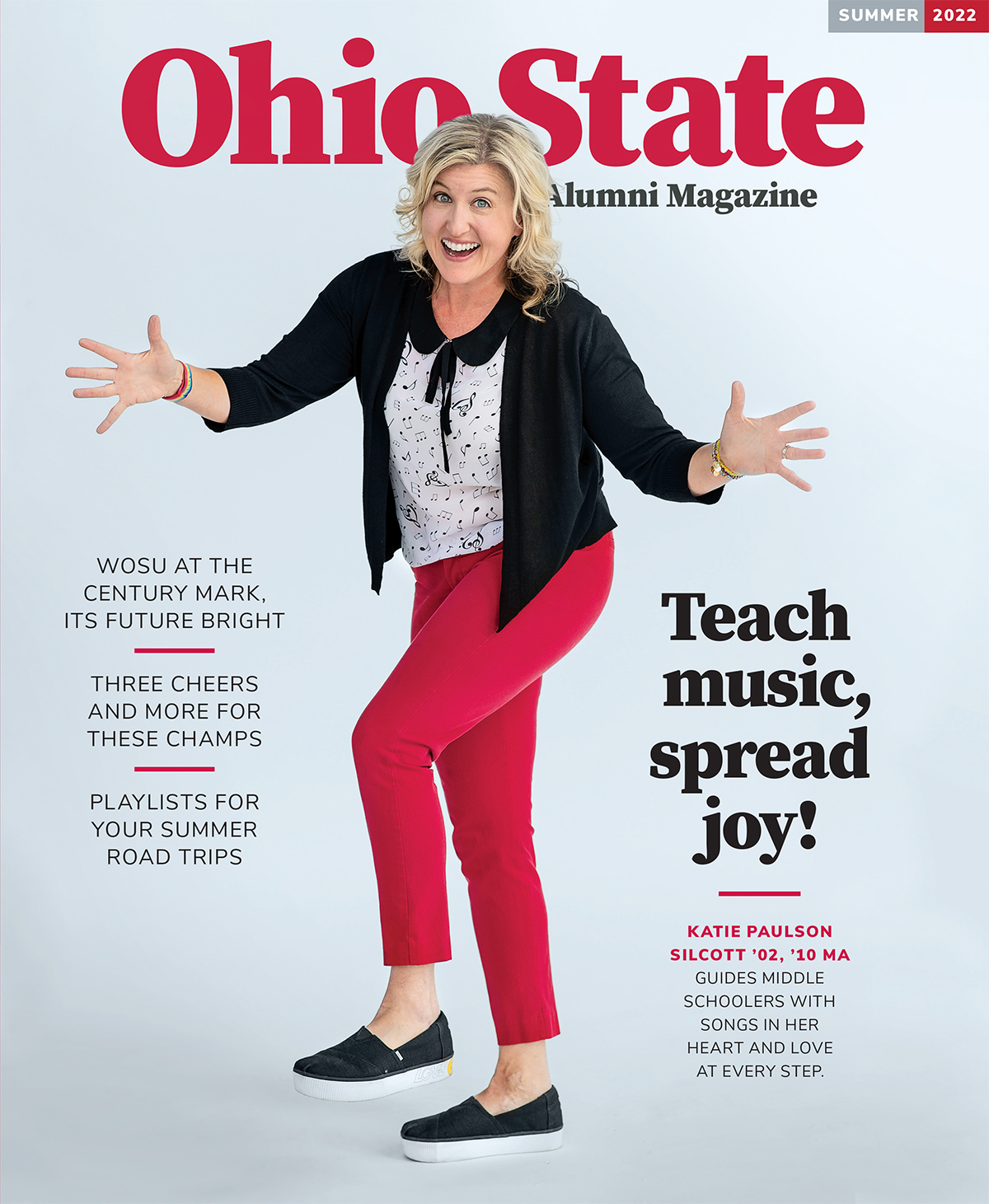 Teacher Katie Silcott flashes jazz hands and a grin on the summer 2022 cover of Ohio State Alumni Magazine.