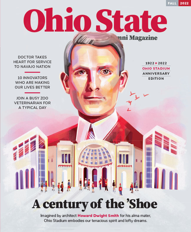 An illustration in shades of scarlet and gray show Ohio Stadium and the architect who designed it. This is the fall 2022 cover of Ohio State Alumni Magazine.