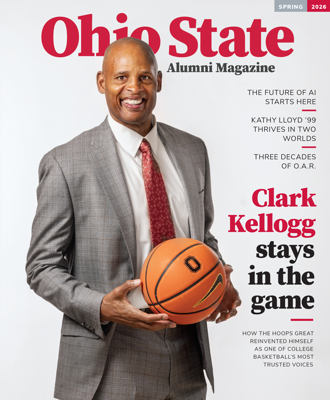 Clark Kellogg, a good looking black man with shaved head, shifts a basketball between his hands as he smiles for the camera. He wears a suit and appears as characteristically friendly and smart as he does when commenting on basketball games on TV. Headlines says “Clark Kellogg stays in the game” and “The future of AI starts here.”