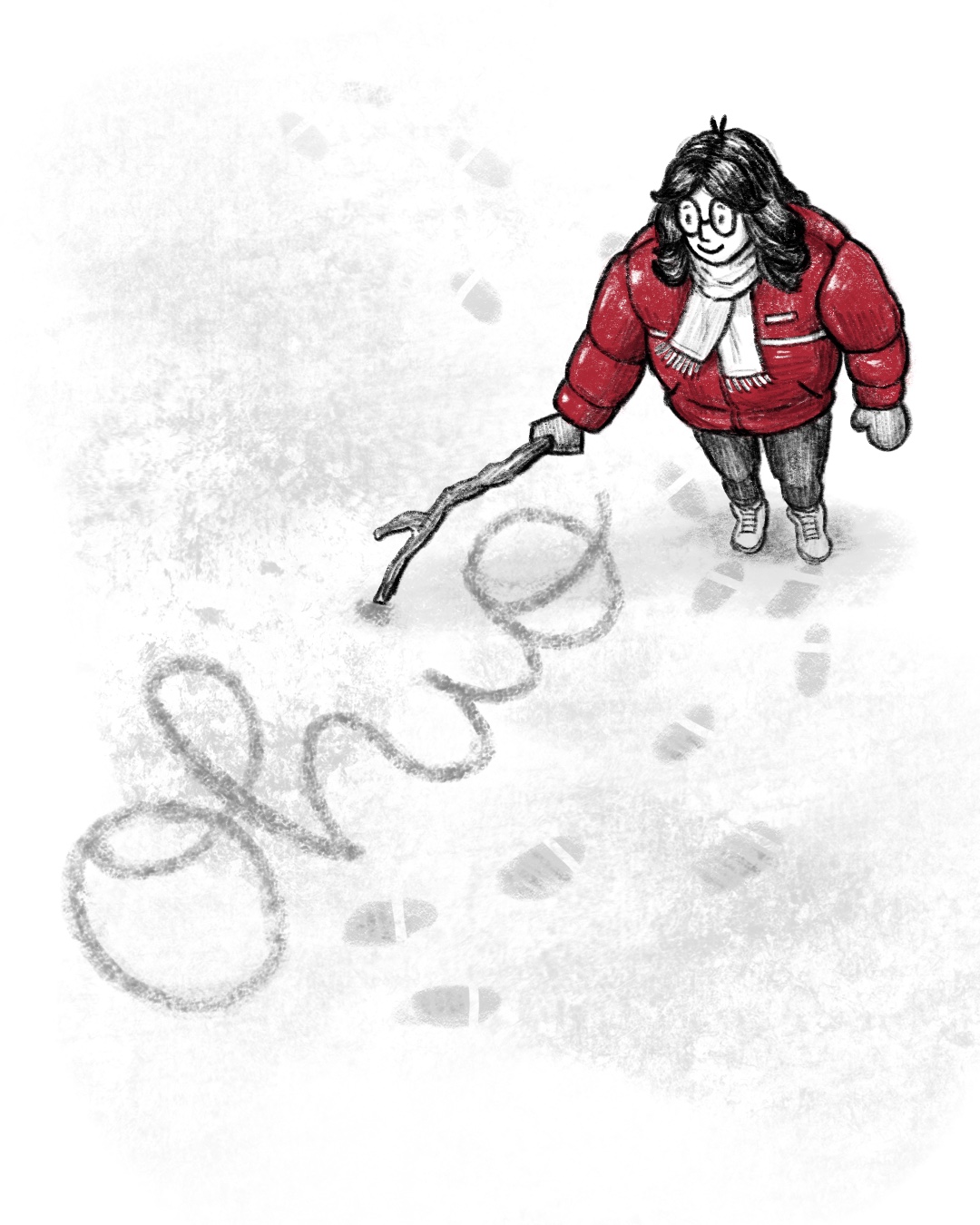 A drawing of a girl wearing a scarlet coat and glasses shows her writing script Ohio in the snow