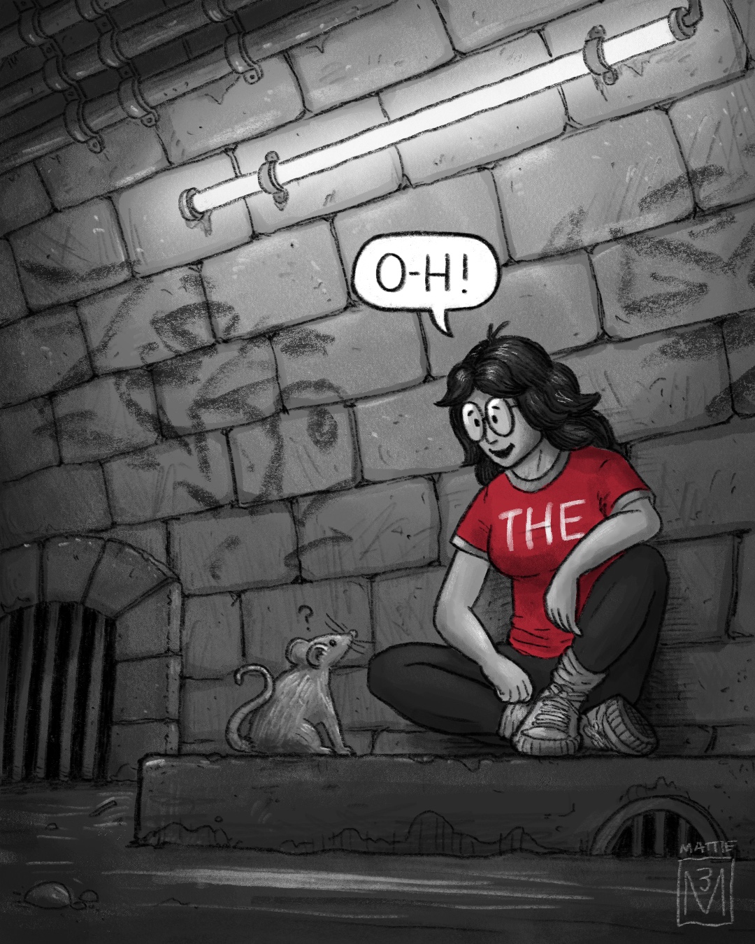 A drawing shows. young woman sitting in a sewer talking to a passing rat. O-H, she says.