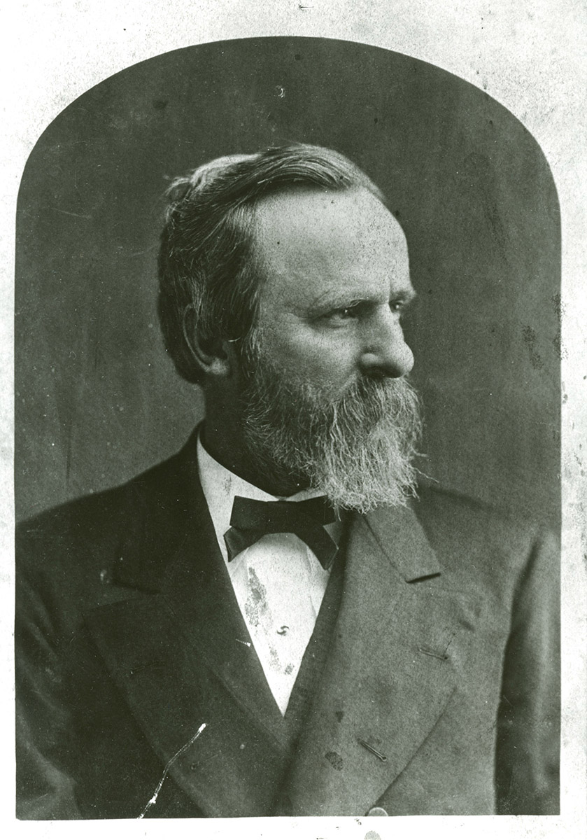 A very old portriat of rutherford b. hayes shows a bearded man with dark hair