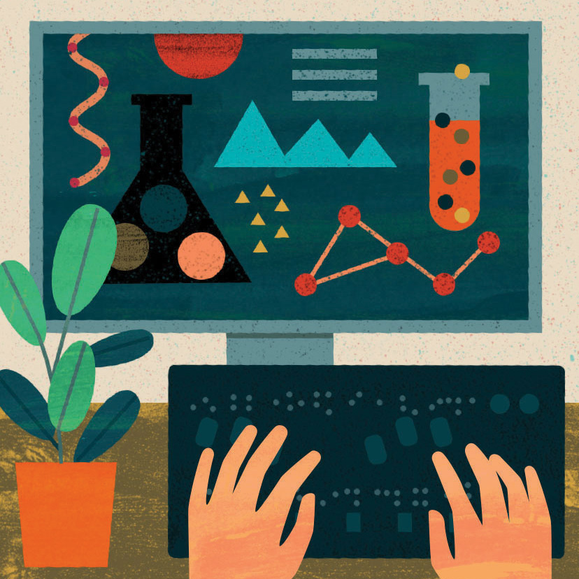 Illustration of hands on a keyboard and a computer monitor displaying scientific themes