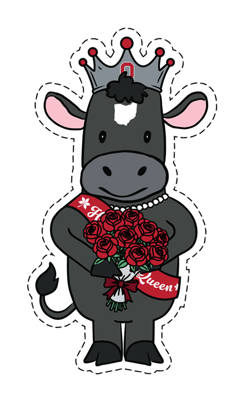A drawing of a holstein cow holding a bouquet of roses and wearing an ohio state crown