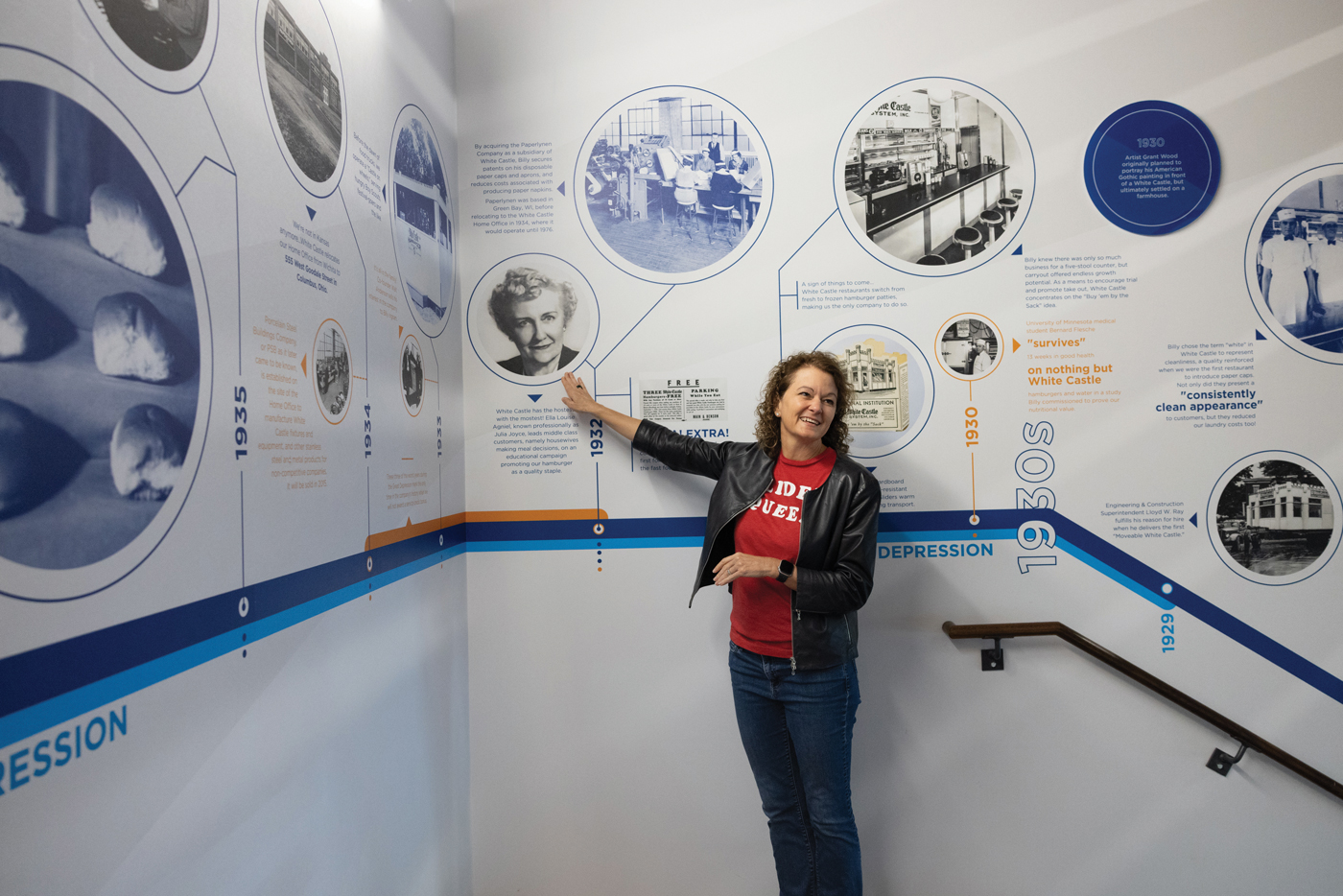 Ingram points to a photo on a timeline painted onto a wall at White Castle's headquarters