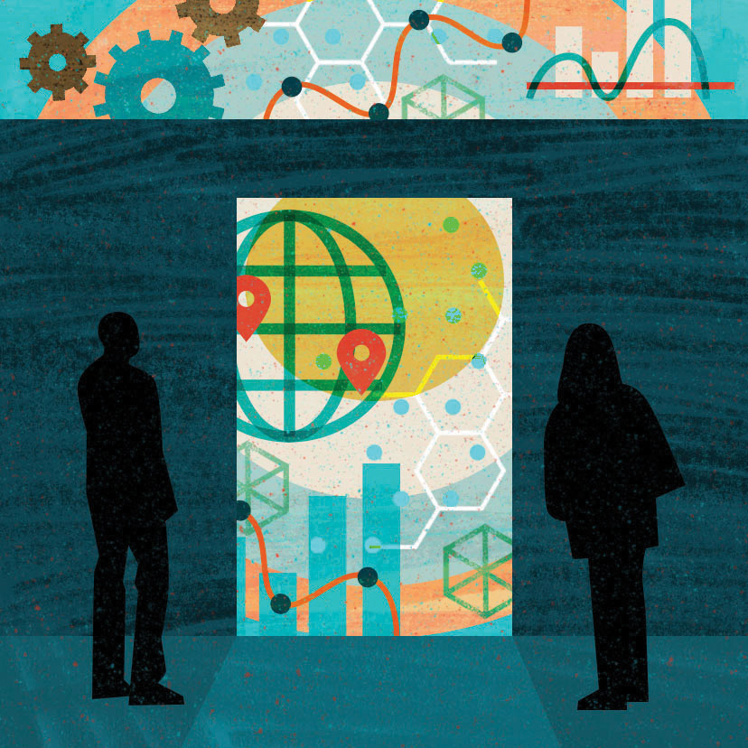 Illustration of two figures in silhouette looking at a large colorful array of geometric figures