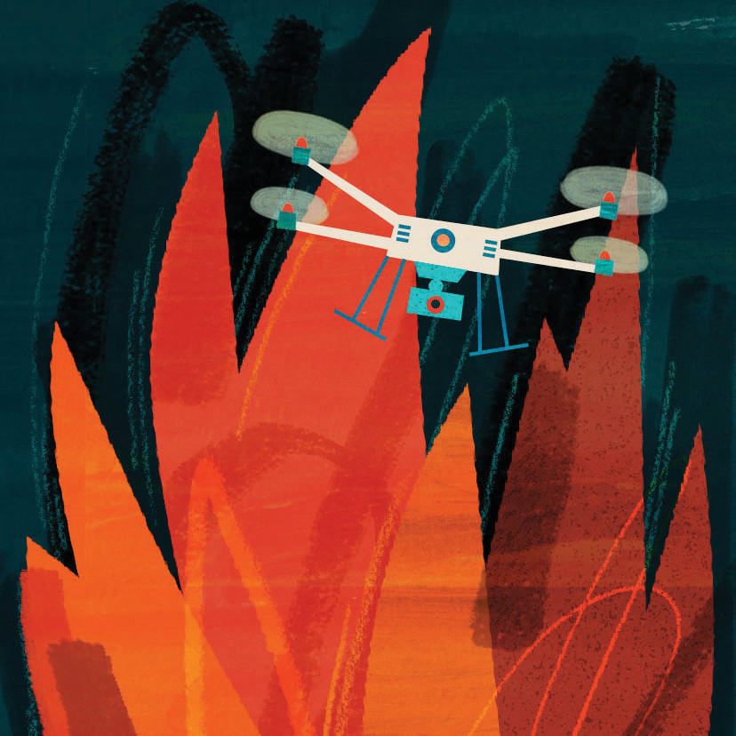 Illustration of a drone with camera flying above large flames