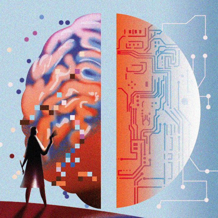 An illustration shows a half brain and half computer ship, with a woman's figure standing before it with a paintbrush