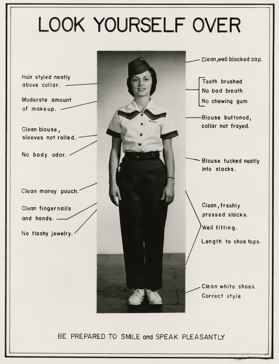 A poster geared toward White Castle workers shows a photo of a woman and says things like "Hair styled neatly above collar. Moderate amount of makeup. No body odor."