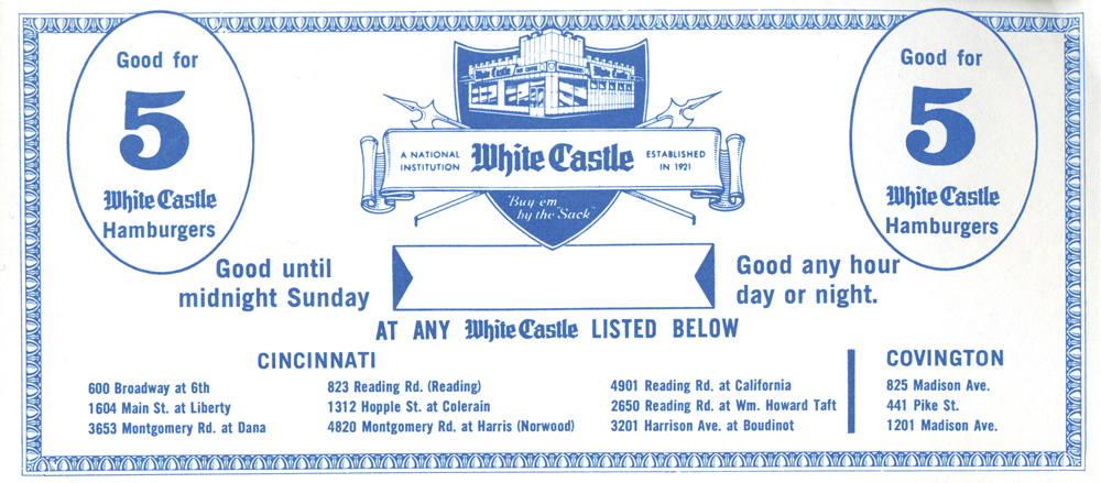 A coupon says it is good for 5 White Castle hamburgers