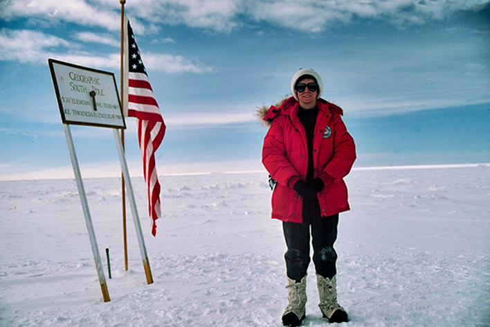 Ellen Mosley-Thompson at the south pole marker