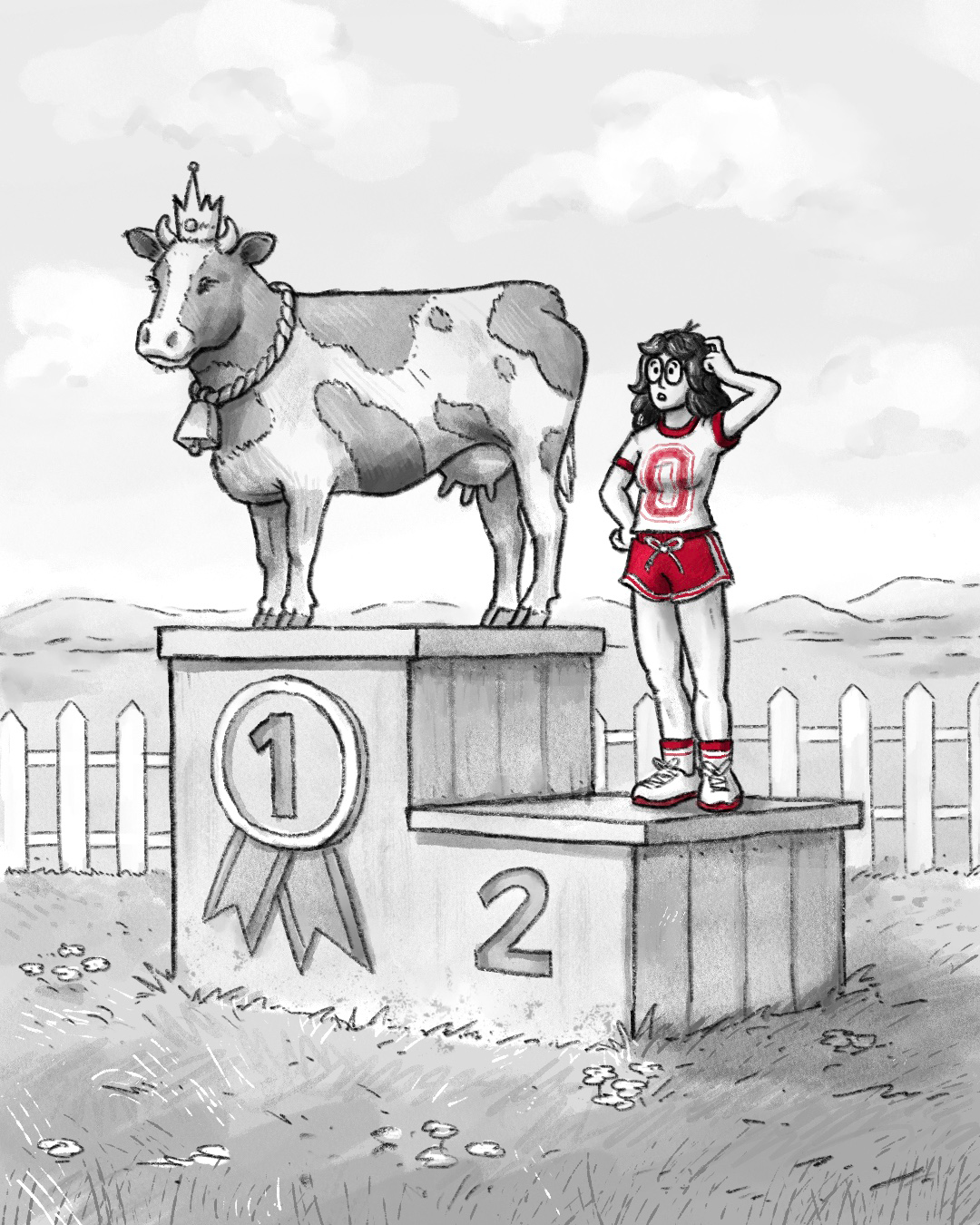 A comic shows podiums marked 1 and 2. Standing on podium number one is a cow wearing a crown. On podium number two, is a young woman in athletic clothes, wearing glasses and scratching her head.