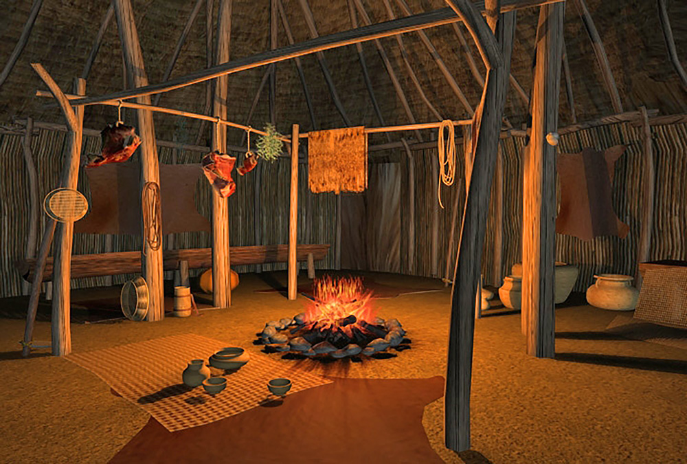 A colored computer drawing shows shat the inside of a Hopewell home likely looked like, with a fire and wooden poles supporting sticks used as drying racks and food storage. There are pots and baskets on the floor.