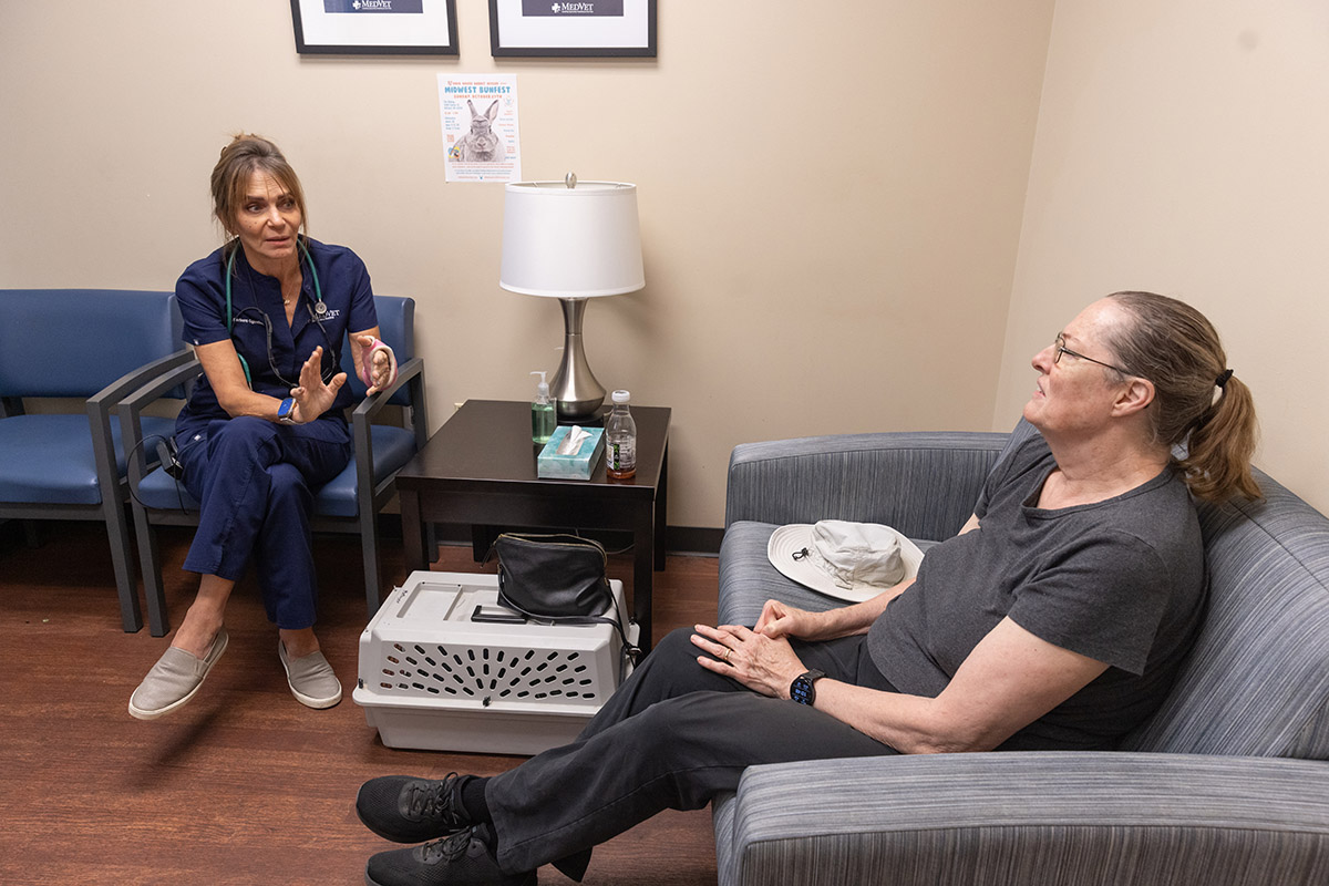 In what seems to be a pet owner waiting room, Dr. Oglesbee sits in a chair, leaning toward the woman she is speaking to. Her legs are crossed and she’s gesturing with her left hand. A rabbit carrying case sits at her feet. The woman she’s talking to sits on a couch angled 90 degrees to the vet’s chair. She’s listening intently.