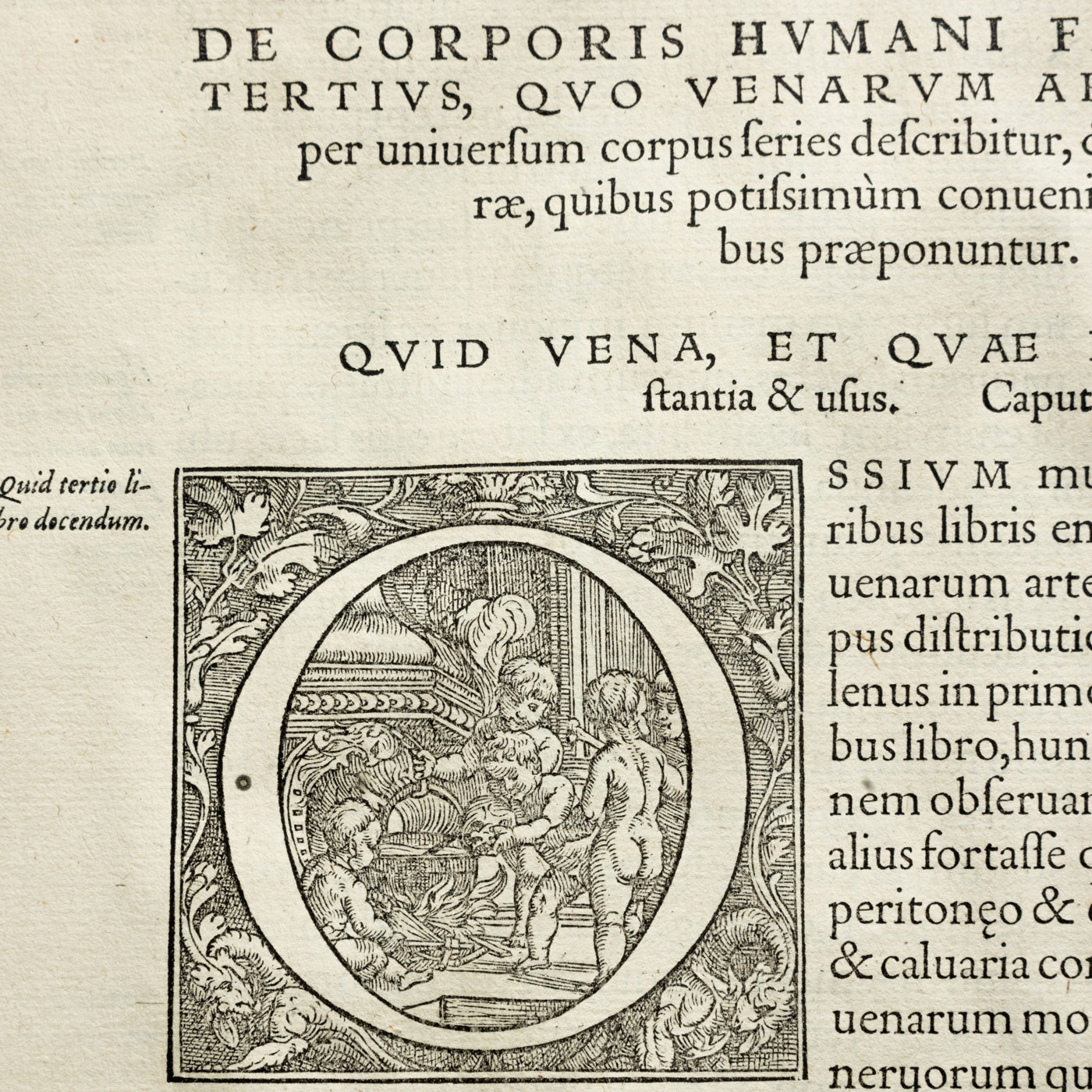 A close look at a mini-illustration shows a large letter O and nude cherubs talking with one another while one seems to add a human skull to a pot. 