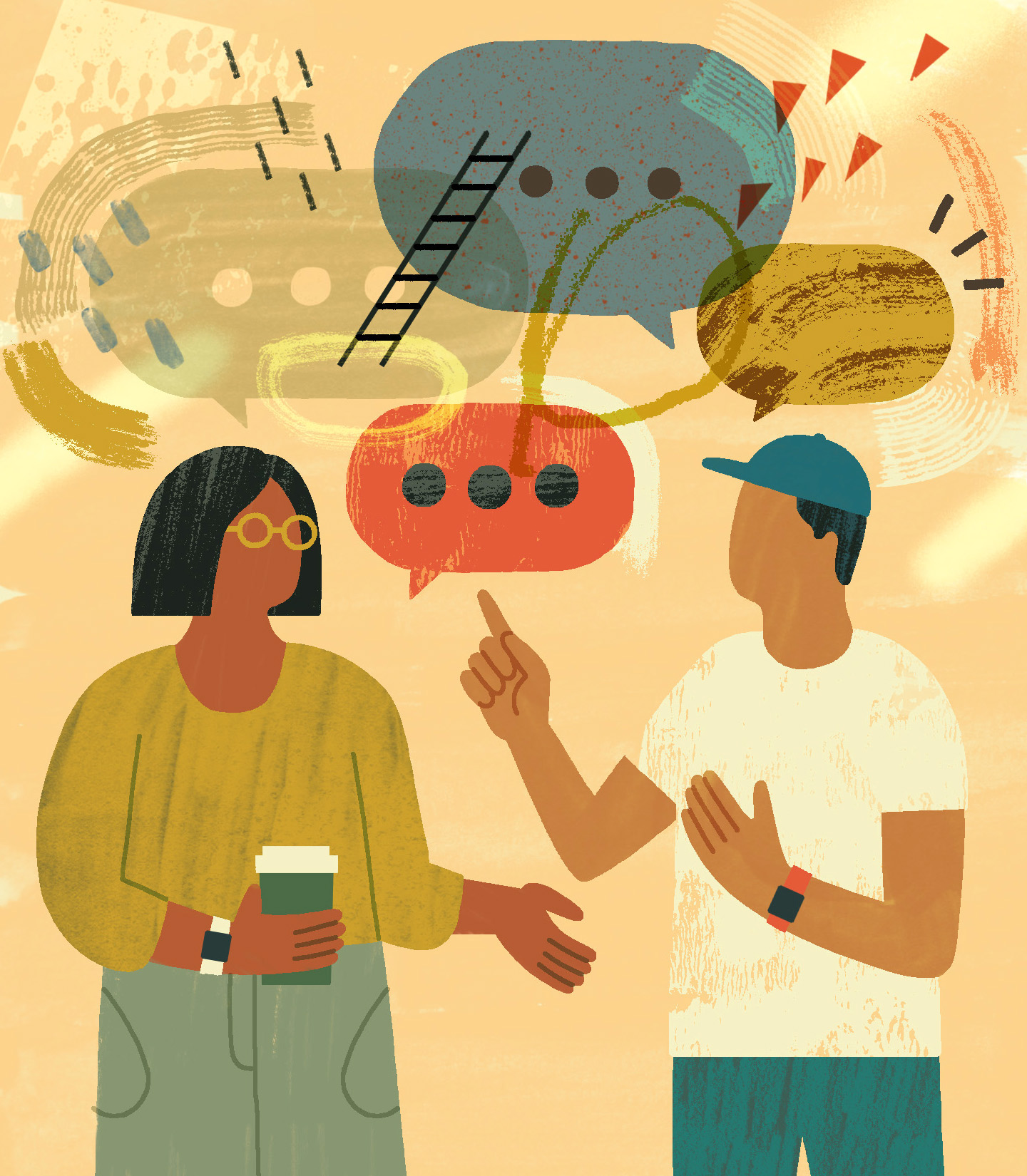 An illustration shows two people talking and building consensus with their speech bubbles. The images are not detailed-they look almost like cut paper.