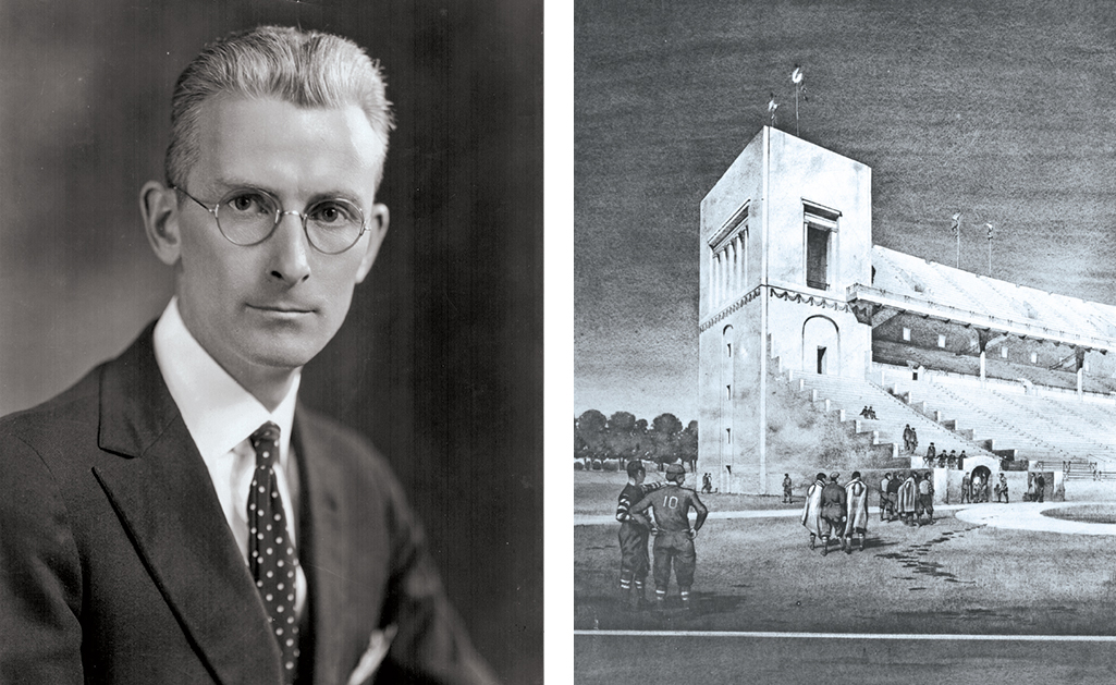 At left: A thin, 35-year-old white man wears a suit and wire rimmed glasses. At right: A black and white drawing shows one end of the U of Ohio Stadium, at the originally open south end. 