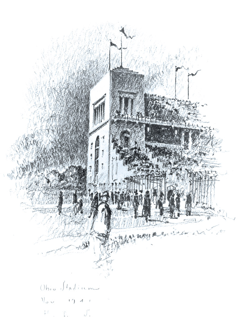 A sketch vaguely illustrates people walking toward the south end of a more-detailed Ohio Stadium, during a time in which a fence stretched across that open end of the horseshoe. Flags wave in the wind.