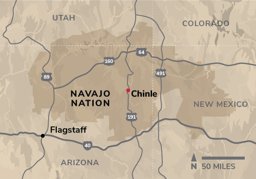 A map shows where the corners of (clockwise) Colorado, New Mexico, Arizona and Utah meet. A shaded area shows the location of Navajo Nation, which crosses into three of the four states (all but Colorado).