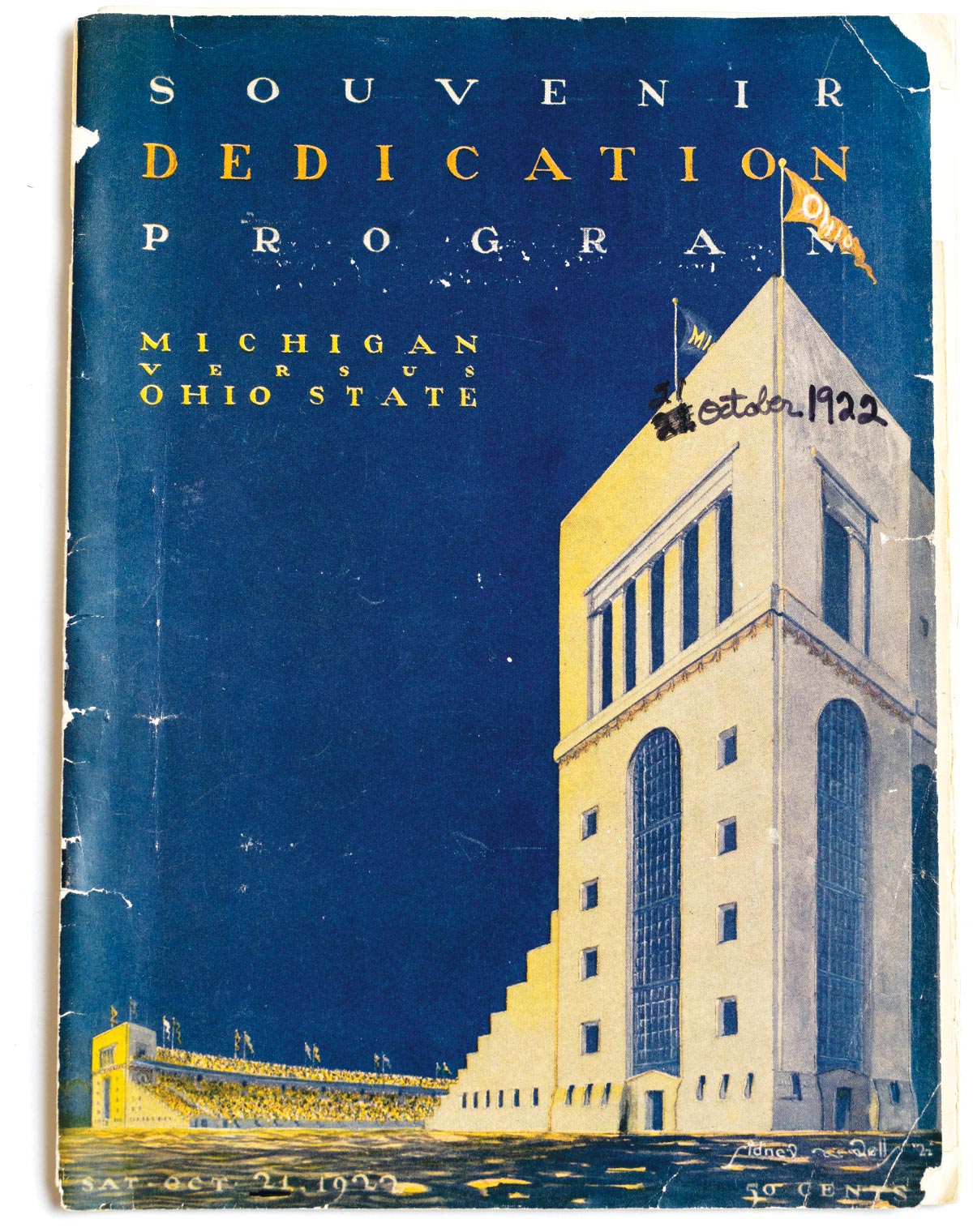 A worn booklet shows an art deco-style drawing of the south end of Ohio Stadium. All of these years later, the blue sky, which takes up most of the cover, is still richly colored, a darker blue than the sky ever would be in real life.