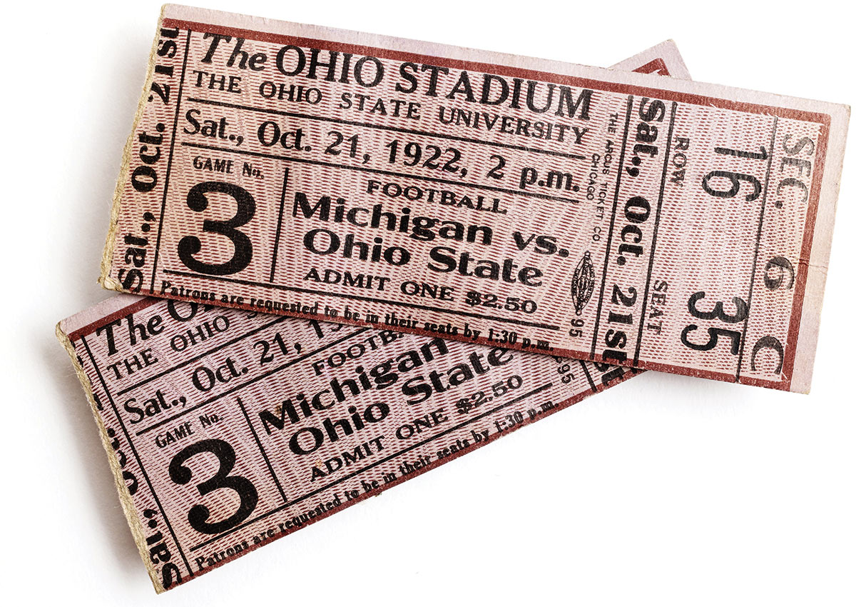 Aged ticket stubs give details about seating. The fronts say: The Ohio Stadium, the Ohio State University. Saturday, Oct. 21, 1922, 2 p.m. Gate number 3. Football, Michigan vs. Ohio State, Admit one, $2.50. Section 6C, Row 16, seat 35. Patrons are requested to be in their seats by 1:30 p.m