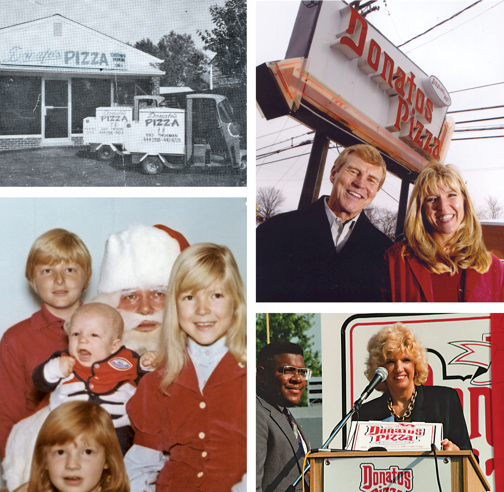 A montage of old images of Jane Grote Abell and her family: The first is a black-and-white image of a one-story restaurant with pizza sign. The second: Despite what looks like a cold winter day, a father and his adult daughter stand in front of a Donatos sign. They have the same color hair and wear dress coats and big smiles.  The third photo: A woman with blond curled hair holds a pizza box and stands between a Donatos backdrop and a microphone. She’s smiling. The fourth: In an old color photo, four kids surround the face of a man dressed as Santa. Only the older girl is smiling, although the oldest boy doesn’t seem unhappy. The younger girl looks like she isn’t sure what to think, and the baby boy is crying or yelling. 