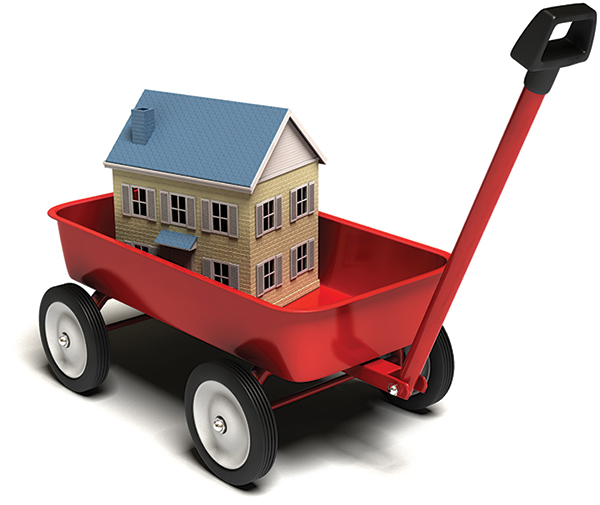 A depiction of a tiny home contained in a little red child's wagon representing the notion of traveling light