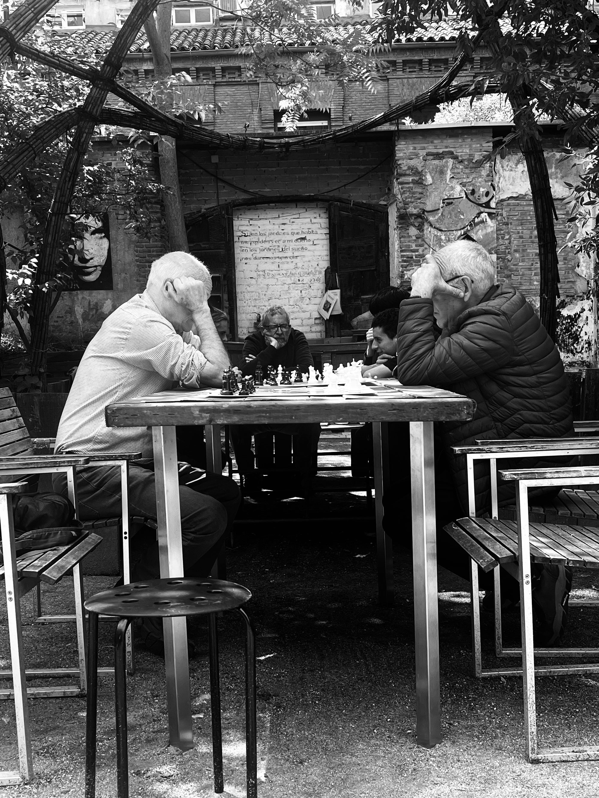 In a modern, black and white photo, older men sit at tables in a park in Madrid, Spain, so totally focused on their chess games that they don't notice the photographer. Trees behind them seem to bend over them, as if to watch the game as well.