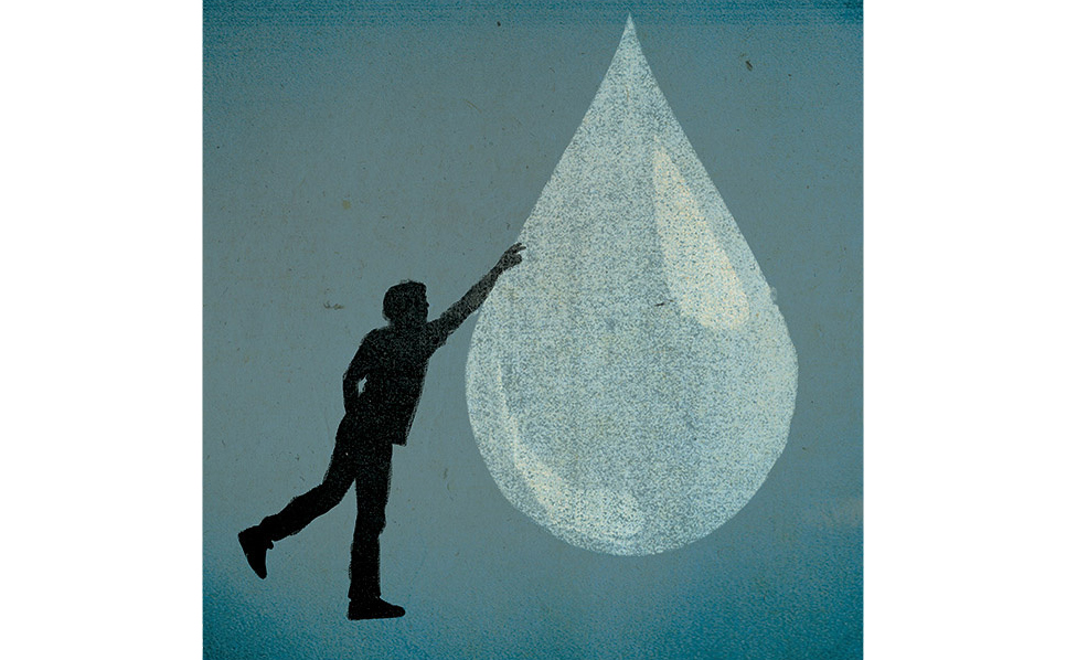 Illustration of a silhouette of a man standing on one foot with his arm extended to touch a giant water droplet, Pat Kastner