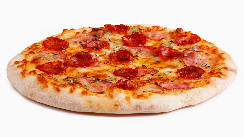 Close-up photo of a thick crust pepperoni and ham pizza