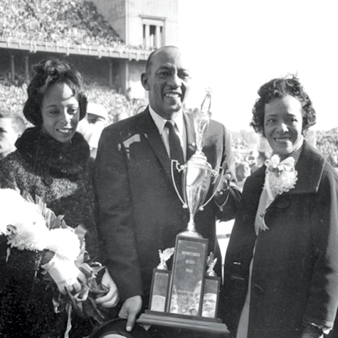 Pictured in Ohio Stadium, black and white image of Marlene, Jesse and Ruth Owens