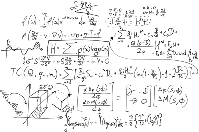 Complex math formulas handwritten on a whiteboard including math, science, and economics concepts