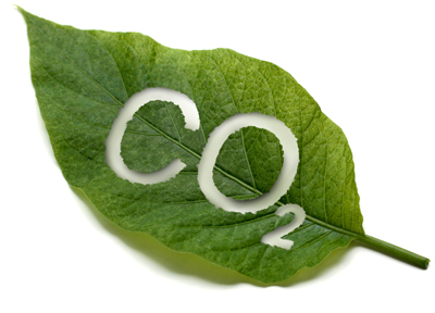 A photo illustration of the chemical compound C O 2 superimposed on a green leaf